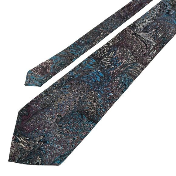 Marbled Masterpieces Men's Blue Marbled Hand Painted Silk Necktie Tie - Picture 2 of 8